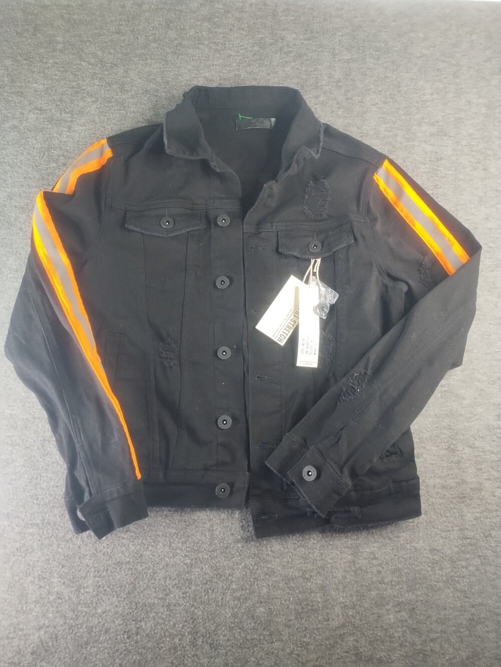 KDNK Men's Black Distressed Striped Reflective Trucker Jacket Comfort Stretch M